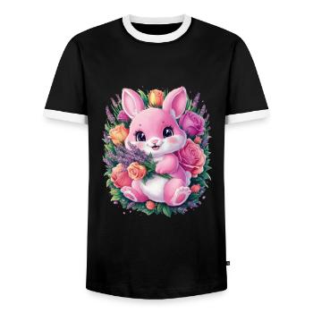 Mignon lapin kawaii avec des roses et de la lavande - T-shirt contrasté Homme - noir/blanc - Devant - AI Model Female 172 light (172cm) & AI Model Male 178 light (178cm)