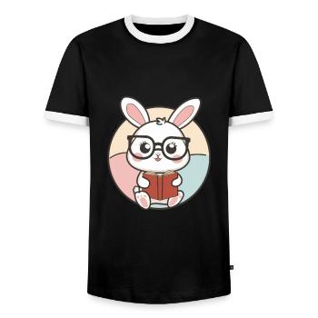 Knuffiger Kawaii Hase mit Brille und Buch - Männer Kontrast-T-Shirt - Schwarz/Weiß - Vorne - AI Model Female 172 light (172cm) & AI Model Male 178 light (178cm)