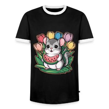 Kawaii chinchilla with watermelon and tulips - Men's Ringer Shirt - black/white - Front - AI Model Female 172 light (172cm) & AI Model Male 178 light (178cm)