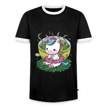 Une jolie licorne kawaii aime le thé vert - T-shirt contrasté Homme - noir/blanc - Devant - AI Model Female 172 light (172cm) & AI Model Male 178 light (178cm)