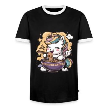 Süßes Kawaii Einhorn mit Nudelsuppe - Männer Kontrast-T-Shirt - Schwarz/Weiß - Vorne - AI Model Female 172 light (172cm) & AI Model Male 178 light (178cm)
