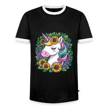 Kawaii Unicorn with Sunflowers and Lilac - Men's Ringer Shirt - black/white - Front - AI Model Female 172 light (172cm) & AI Model Male 178 light (178cm)