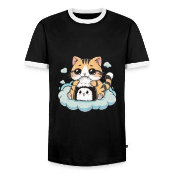 Süße Kawaii Katze mit Onigiri - Männer Kontrast-T-Shirt - Schwarz/Weiß - Vorne - AI Model Female 172 light (172cm) & AI Model Male 178 light (178cm)