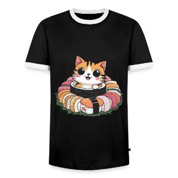 Cute kawaii cat loves sushi - Men's Ringer Shirt - black/white - Front - AI Model Female 172 light (172cm) & AI Model Male 178 light (178cm)