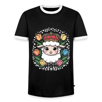 Royal Kawaii Sheep with Crown and Tulips - Men's Ringer Shirt - black/white - Front - AI Model Female 172 light (172cm) & AI Model Male 178 light (178cm)