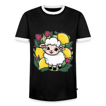 Kawaii Cartoon Sheep with Lemons and Tulips - Men's Ringer Shirt - black/white - Front - AI Model Female 172 light (172cm) & AI Model Male 178 light (178cm)