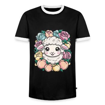 Mouton kawaii aux pêches et aux roses - T-shirt contrasté Homme - noir/blanc - Devant - AI Model Female 172 light (172cm) & AI Model Male 178 light (178cm)