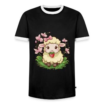 Cute Kawaii Sheep with Strawberries & Orchids - Men's Ringer Shirt - black/white - Front - AI Model Female 172 light (172cm) & AI Model Male 178 light (178cm)