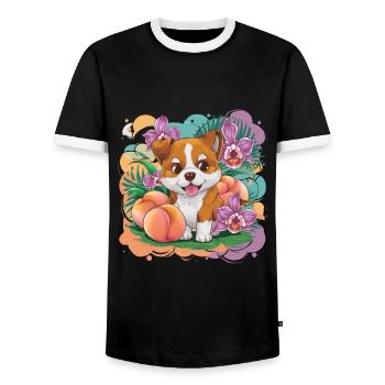 Chien de dessin animé kawaii avec pêche et orchidées - T-shirt contrasté Homme - noir/blanc - Devant - AI Model Female 172 light (172cm) & AI Model Male 178 light (178cm)