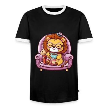 Kawaii Lion with Book, Tea and Glasses - Men's Ringer Shirt - black/white - Front - AI Model Female 172 light (172cm) & AI Model Male 178 light (178cm)