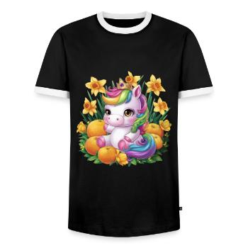 Kawaii Unicorn with Oranges and Daffodils - Men's Ringer Shirt - black/white - Front - AI Model Female 172 light (172cm) & AI Model Male 178 light (178cm)