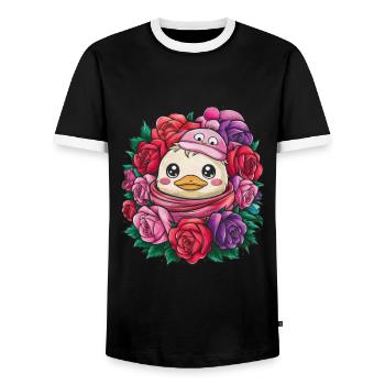 Kawaii duck with colorful roses - Men's Ringer Shirt - black/white - Front - AI Model Female 172 light (172cm) & AI Model Male 178 light (178cm)