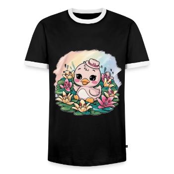 Kawaii ducklings with colorful lilies - Men's Ringer Shirt - black/white - Front - AI Model Female 172 light (172cm) & AI Model Male 178 light (178cm)