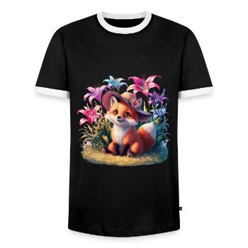 Cartoon kawaii fox with colorful lilies - Men's Ringer Shirt - black/white - Front - AI Model Female 172 light (172cm) & AI Model Male 178 light (178cm)