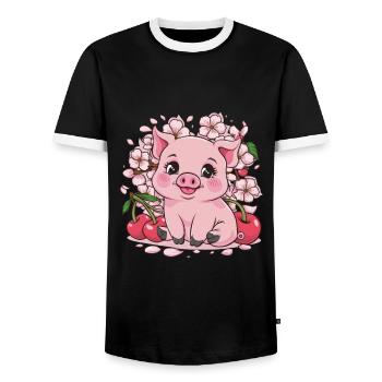 Cochon Kawai sucré aux fleurs de cerisier Sakura - T-shirt contrasté Homme - noir/blanc - Devant - AI Model Female 172 light (172cm) & AI Model Male 178 light (178cm)
