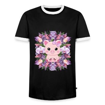 Pig in cartoon kawaii style with orchids - Men's Ringer Shirt - black/white - Front - AI Model Female 172 light (172cm) & AI Model Male 178 light (178cm)