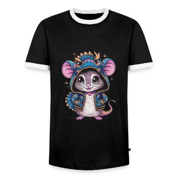 Cartoon Kawaii Mouse with Dragon Outfit - Men's Ringer Shirt - black/white - Front - AI Model Female 172 light (172cm) & AI Model Male 178 light (178cm)