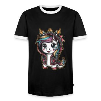 Licorne Kawaii avec tenue de dragon - T-shirt contrasté Homme - noir/blanc - Devant - AI Model Female 172 light (172cm) & AI Model Male 178 light (178cm)