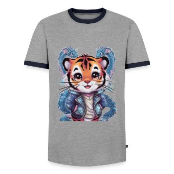 Tigre avec une tenue cool et un dragon chinois - T-shirt contrasté Homme - gris/marine  - Devant - AI Model Female 172 light (172cm) & AI Model Male 178 light (178cm)