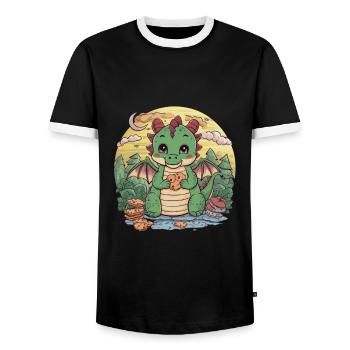 Niedlicher Cartoon Drache mit Schokokeksen. - Männer Kontrast-T-Shirt - Schwarz/Weiß - Vorne - AI Model Female 172 light (172cm) & AI Model Male 178 light (178cm)