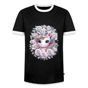 Kawaii Einhorn mit Rosen - Männer Kontrast-T-Shirt - Schwarz/Weiß - Vorne - AI Model Female 172 light (172cm) & AI Model Male 178 light (178cm)