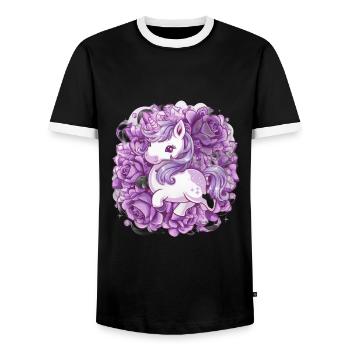 Kawaii Einhorn mit Rosen - Männer Kontrast-T-Shirt - Schwarz/Weiß - Vorne - AI Model Female 172 light (172cm) & AI Model Male 178 light (178cm)