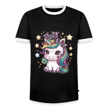 Kawaii Einhorn mit Schmetterlingen - Männer Kontrast-T-Shirt - Schwarz/Weiß - Vorne - AI Model Female 172 light (172cm) & AI Model Male 178 light (178cm)