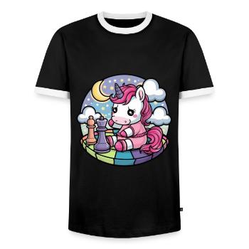 Kawaii unicorn playing chess with chess pieces - Men's Ringer Shirt - black/white - Front - AI Model Female 172 light (172cm) & AI Model Male 178 light (178cm)