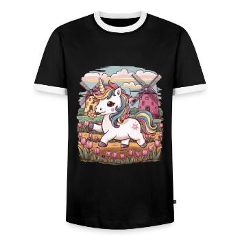Kawaii unicorn with tulips and windmills - Men's Ringer Shirt - black/white - Front - AI Model Female 172 light (172cm) & AI Model Male 178 light (178cm)