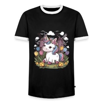 Kawaii unicorn with tulips and windmills - Men's Ringer Shirt - black/white - Front - AI Model Female 172 light (172cm) & AI Model Male 178 light (178cm)
