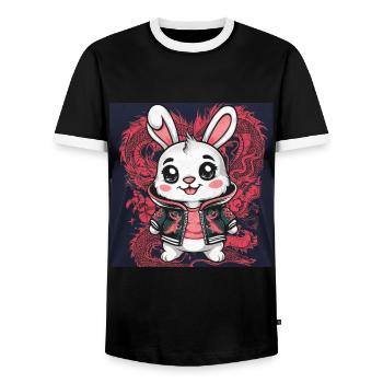 Lapin Kawaii de dessin animé avec tenue de dragon cool - T-shirt contrasté Homme - noir/blanc - Devant - AI Model Female 172 light (172cm) & AI Model Male 178 light (178cm)