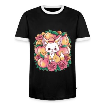 Fennec Kawaii Renard du désert aux pêches - T-shirt contrasté Homme - noir/blanc - Devant - AI Model Female 172 light (172cm) & AI Model Male 178 light (178cm)