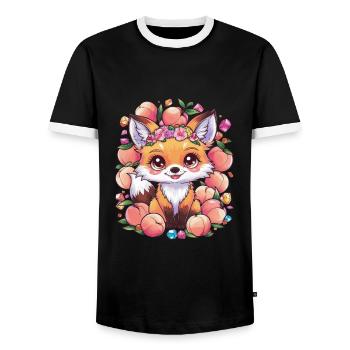 Cartoon Kawaii Fuchs mit Pfirsichen - Männer Kontrast-T-Shirt - Schwarz/Weiß - Vorne - AI Model Female 172 light (172cm) & AI Model Male 178 light (178cm)