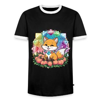 Cartoon Kawaii Fuchs mit Pfirsichen - Männer Kontrast-T-Shirt - Schwarz/Weiß - Vorne - AI Model Female 172 light (172cm) & AI Model Male 178 light (178cm)