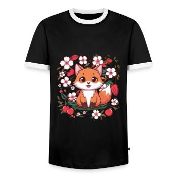 Renard kawaii avec des cerises et des fleurs de cerisier Sakura - T-shirt contrasté Homme - noir/blanc - Devant - AI Model Female 172 light (172cm) & AI Model Male 178 light (178cm)