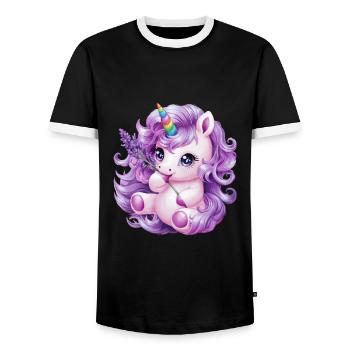 Kawaii Unicorn with Violet Flowers - Men's Ringer Shirt - black/white - Front - AI Model Female 172 light (172cm) & AI Model Male 178 light (178cm)