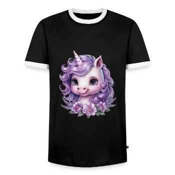 Kawaii Unicorn with Violet Flowers - Men's Ringer Shirt - black/white - Front - AI Model Female 172 light (172cm) & AI Model Male 178 light (178cm)