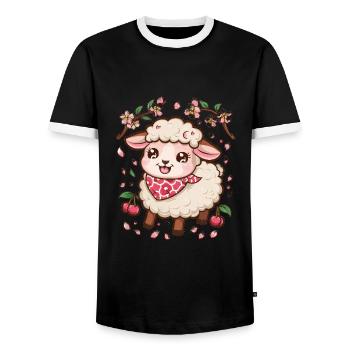 Kawaii Sheep with Cherries & Sakura Cherry Blossoms - Men's Ringer Shirt - black/white - Front - AI Model Female 172 light (172cm) & AI Model Male 178 light (178cm)