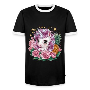 Süßes Cartoon Kawaii Einhorn mit Rosen & Ananas - Männer Kontrast-T-Shirt - Schwarz/Weiß - Vorne - AI Model Female 172 light (172cm) & AI Model Male 178 light (178cm)