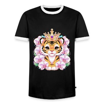 Kawaii tiger with crown and magnificent orchids - Men's Ringer Shirt - black/white - Front - AI Model Female 172 light (172cm) & AI Model Male 178 light (178cm)