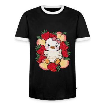 Dessin animé Kawaii Caneton aux pêches, fraises - T-shirt contrasté Homme - noir/blanc - Devant - AI Model Female 172 light (172cm) & AI Model Male 178 light (178cm)