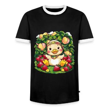 Dessin animé Kawaii Caneton aux pêches, fraises - T-shirt contrasté Homme - noir/blanc - Devant - AI Model Female 172 light (172cm) & AI Model Male 178 light (178cm)