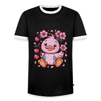 Caneton aux cerises et fleurs de cerisier sakura - T-shirt contrasté Homme - noir/blanc - Devant - AI Model Female 172 light (172cm) & AI Model Male 178 light (178cm)