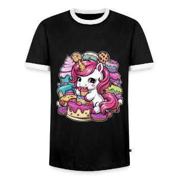 Licorne Kawaii de dessin animé avec des biscuits et un gâteau - T-shirt contrasté Homme - noir/blanc - Devant - AI Model Female 172 light (172cm) & AI Model Male 178 light (178cm)