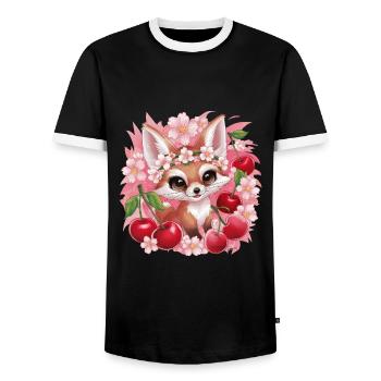 Renard kawaii avec des cerises et des fleurs de cerisier Sakura - T-shirt contrasté Homme - noir/blanc - Devant - AI Model Female 172 light (172cm) & AI Model Male 178 light (178cm)