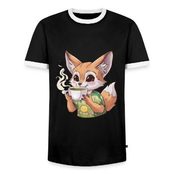 Cartoon Kawaii Fennec Desert Fox with Green Tea - Men's Ringer Shirt - black/white - Front - AI Model Female 172 light (172cm) & AI Model Male 178 light (178cm)