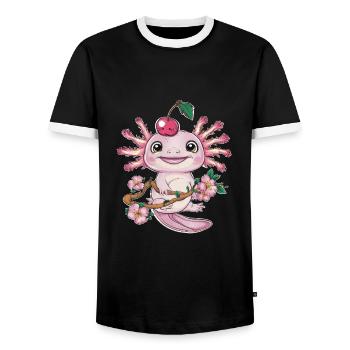 Axolotl aux cerises et fleurs de cerisier Sakura - T-shirt contrasté Homme - noir/blanc - Devant - AI Model Female 172 light (172cm) & AI Model Male 178 light (178cm)