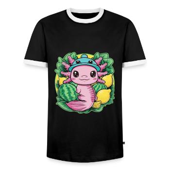 Kawaii Axolotl with Lemons and Watermelons - Men's Ringer Shirt - black/white - Front - AI Model Female 172 light (172cm) & AI Model Male 178 light (178cm)