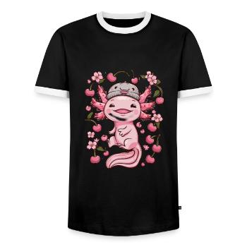 Axolotl aux cerises et fleurs de cerisier Sakura - T-shirt contrasté Homme - noir/blanc - Devant - AI Model Female 172 light (172cm) & AI Model Male 178 light (178cm)
