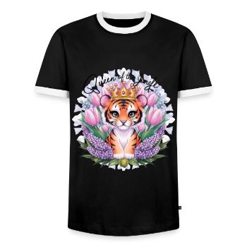Cartoon Kawaii Tiger with Crown Tulips and Lilac - Men's Ringer Shirt - black/white - Front - AI Model Female 172 light (172cm) & AI Model Male 178 light (178cm)